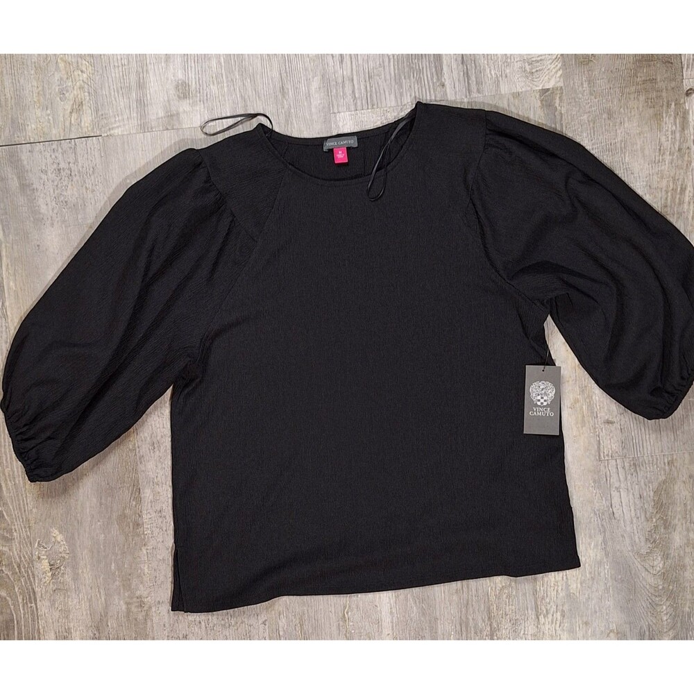 Vince Camuto Women M Black 3/4 Balloon Sleeve Blouse Lightweight Round Neck NWT